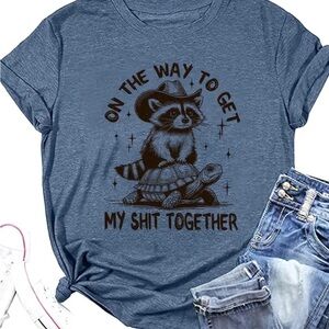 On The Way To Get My Shit Together Raccoon and Turtle Blue Tee size large unisex